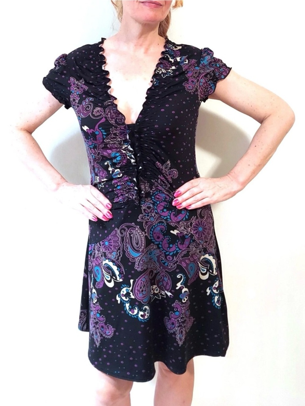 Floral Paisley Black & Purple Susie Rose V-Neck Ruffle Fit-and-Flare Dress